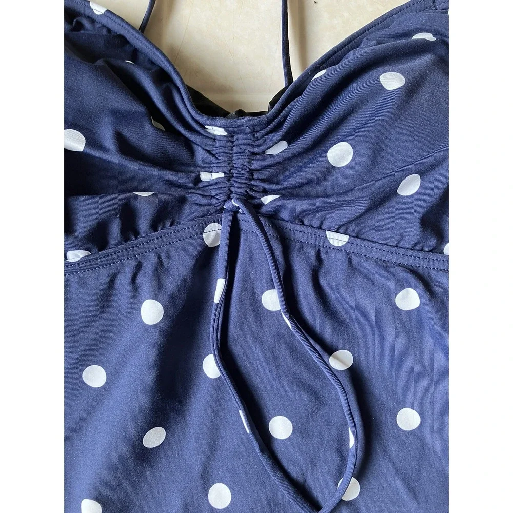 Lands' End Sz 12 Tankini Top Navy Blue Polka Dot Unlined‎ Underwire Support